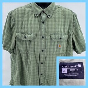 Carhartt Loose Fit Mens XL Green Plaid Short Sleeve Button Up Work Shirt TW4625M